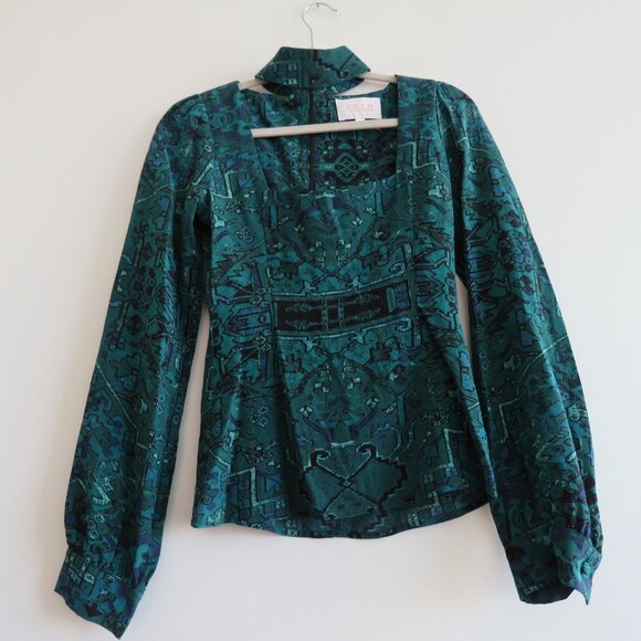 STONE COLD FOX 100% Silk Holloway Top in Green Carpet Boho Aztec - Size XS - Picture 8 of 14